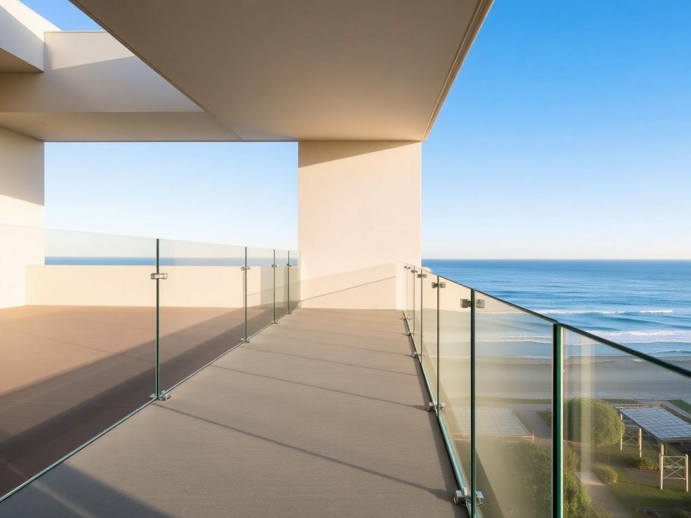 Frameless glass pool fence on spigots surrounding a landscaped pool