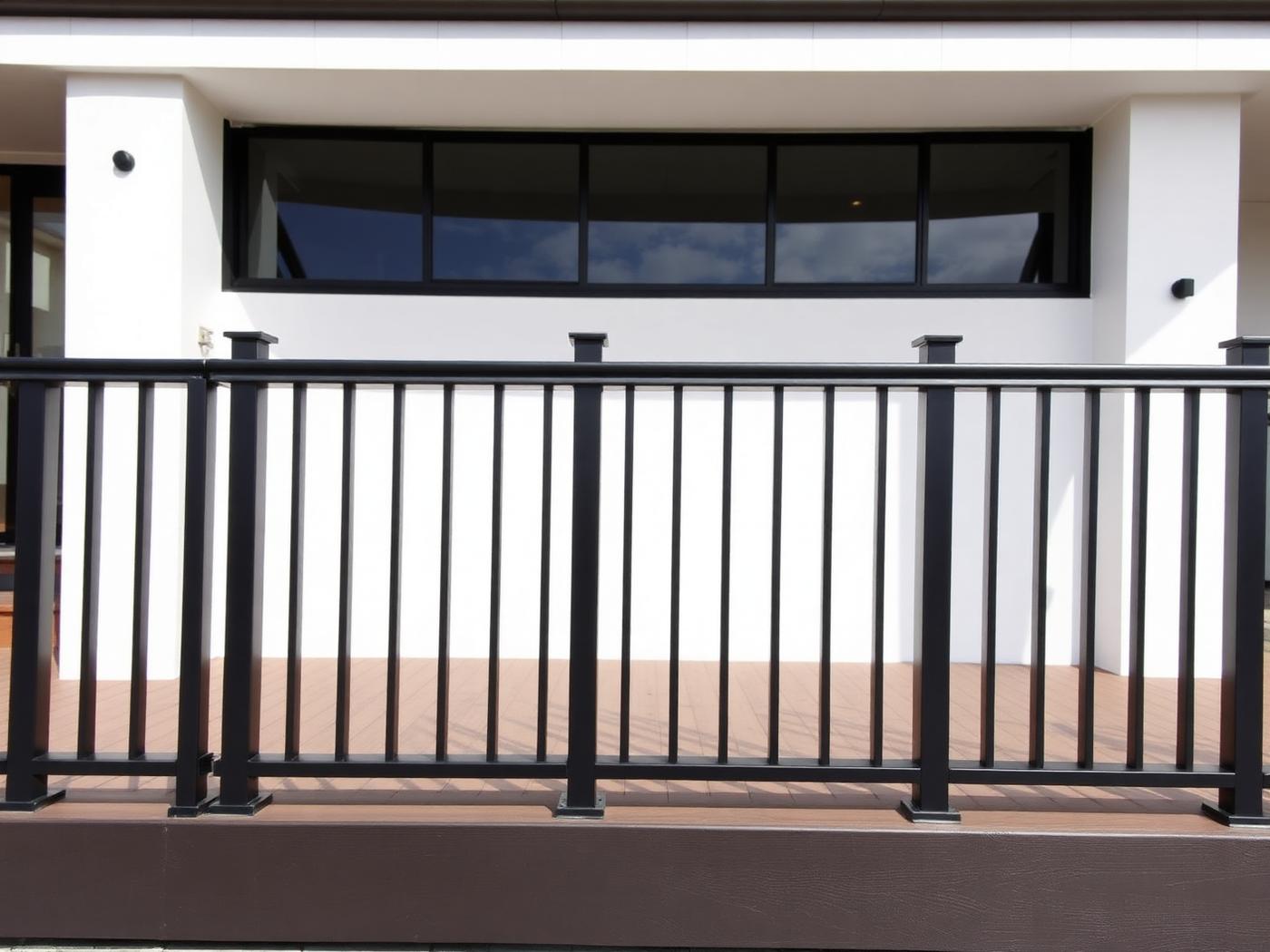 Galvanised steel flat bar balustrade on a modern deck