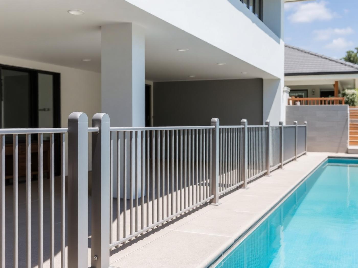 Black aluminium vertical bar pool fence beside a swimming pool