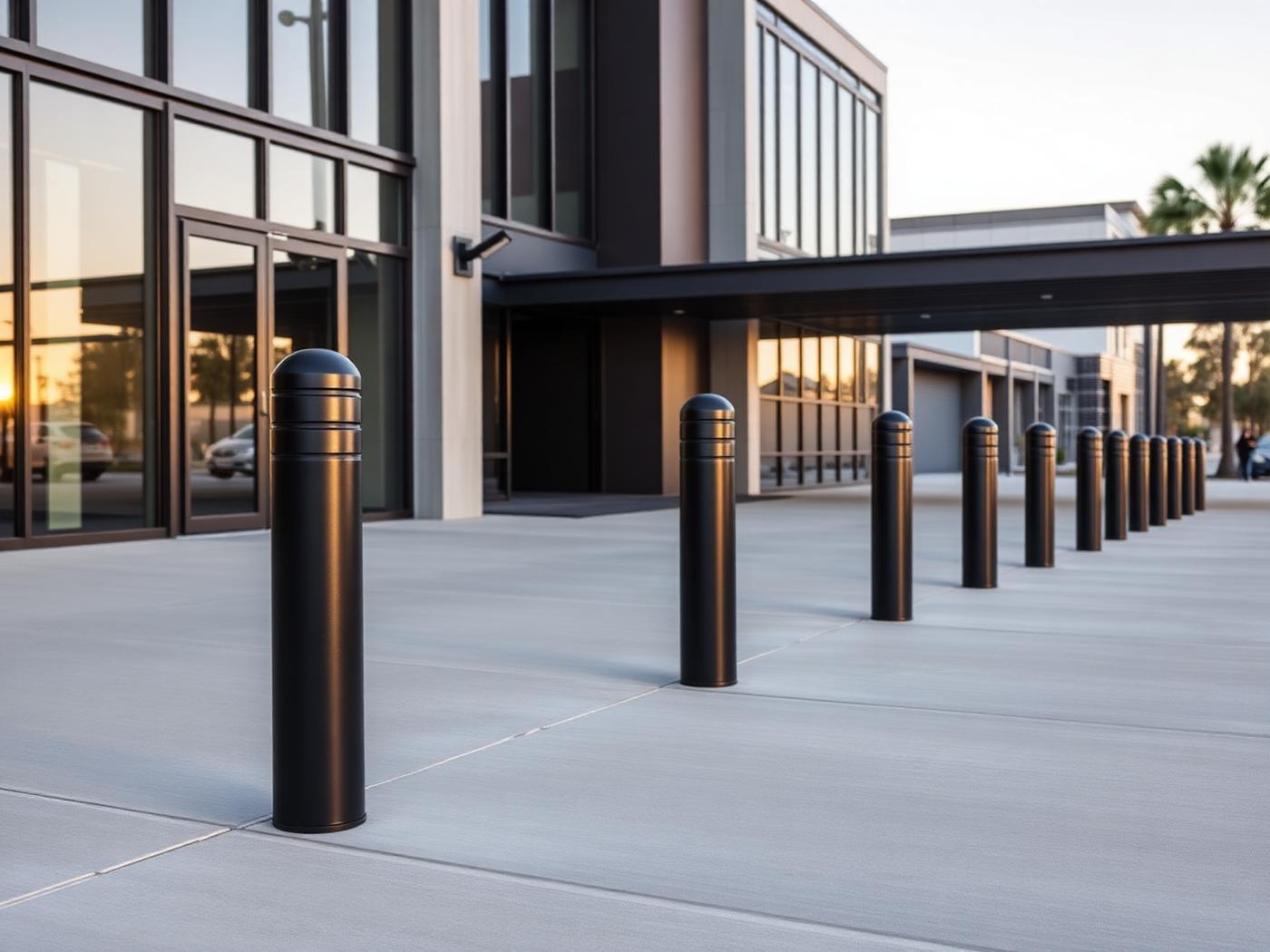 Safety yellow steel bollards protecting a warehouse loading dock