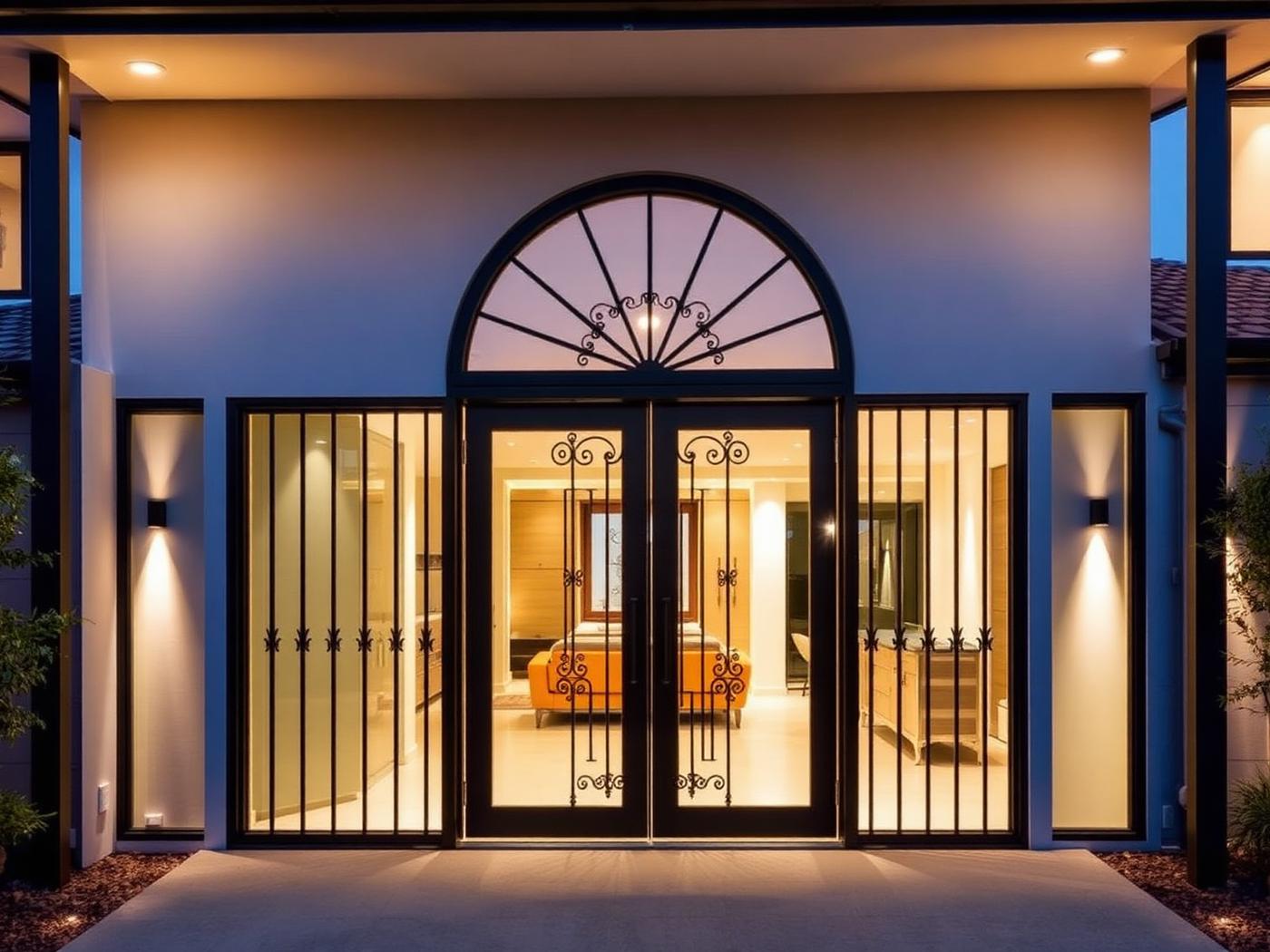 Wrought iron grand entry door on a rendered Australian facade