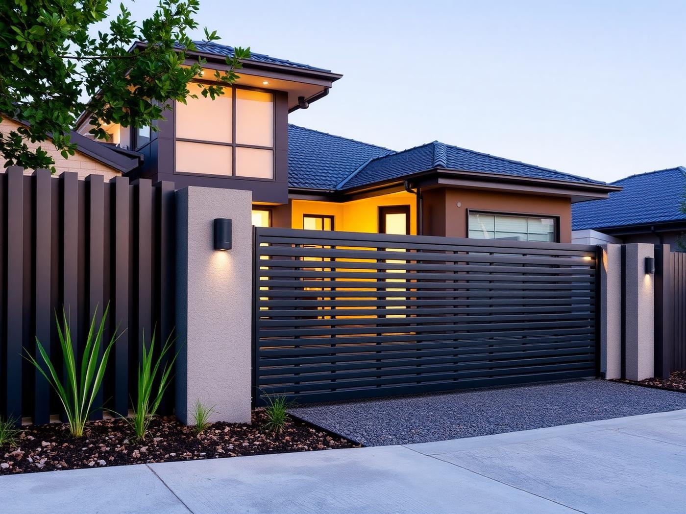 Architectural aluminium slat front fence with a matching driveway gate