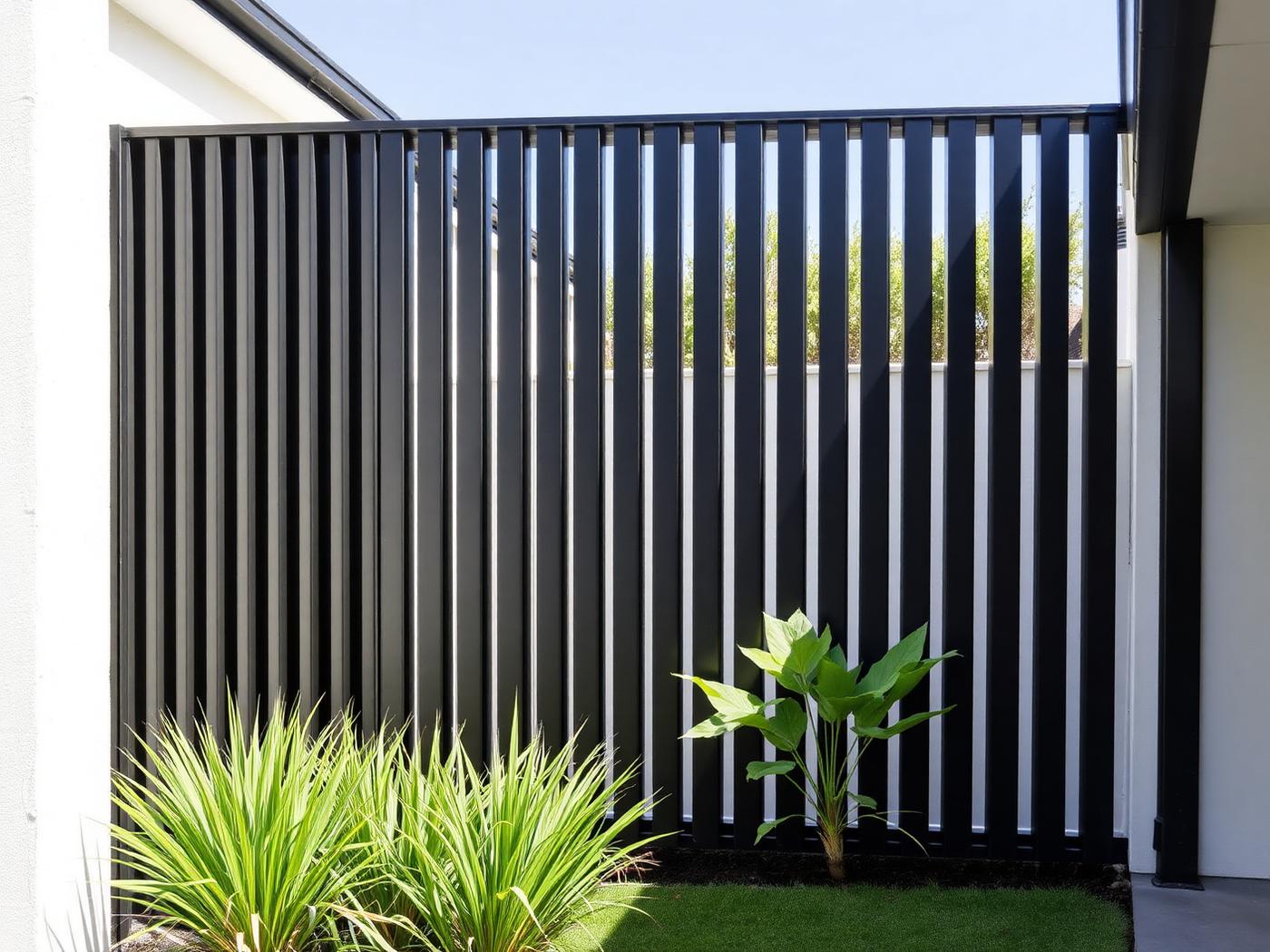 Matte black aluminium slat privacy screen in a courtyard garden